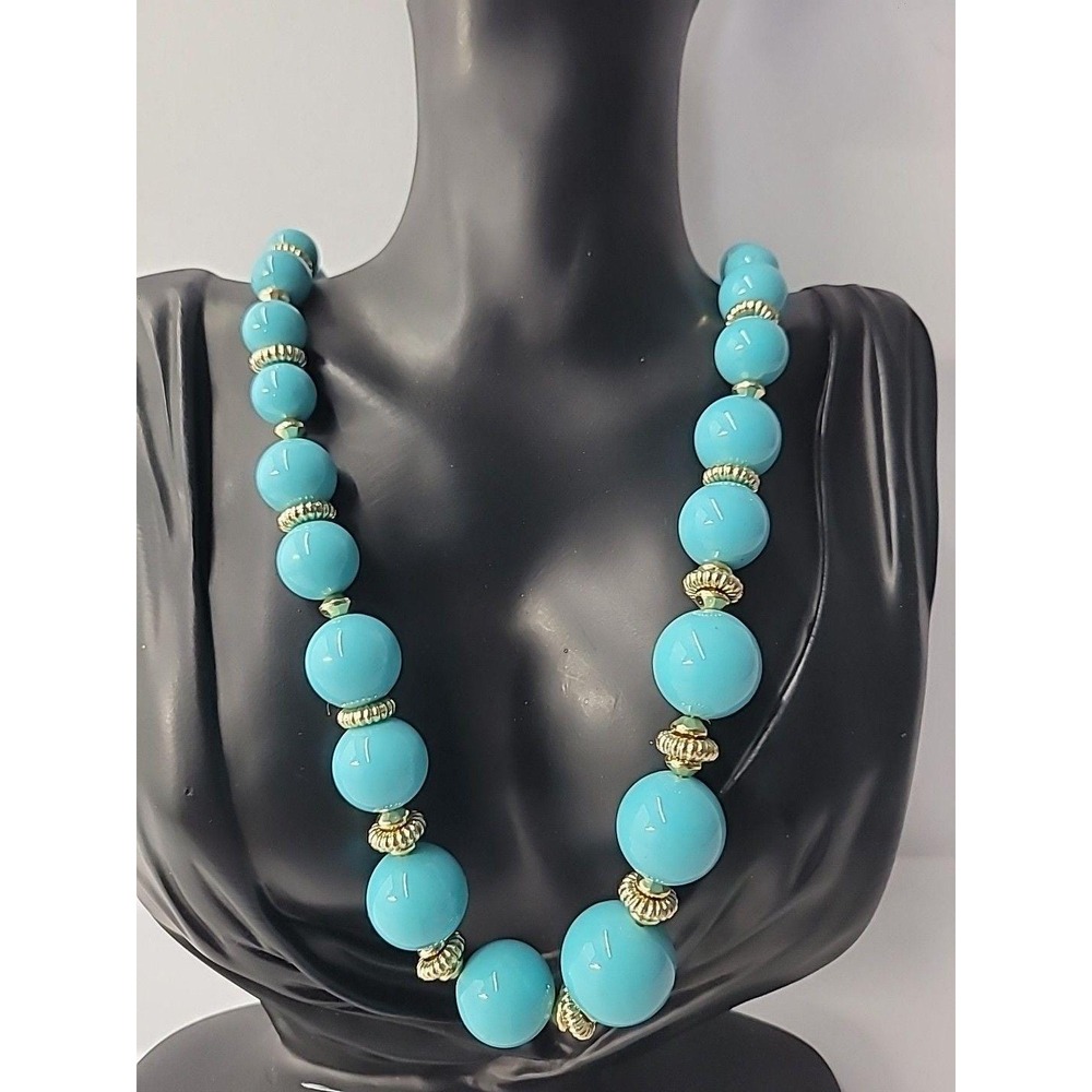 Vintage Blue Gold Tone Beaded Necklace Gold Tone Graduated Spacers Statement